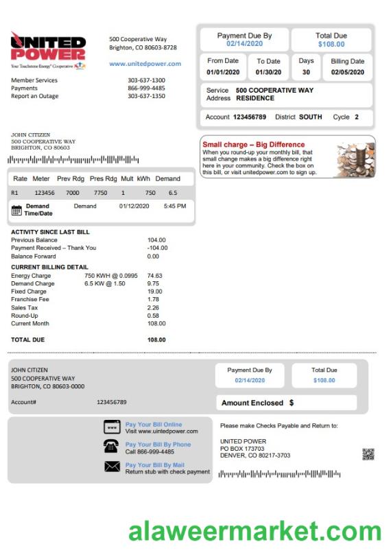 USA Colorado United Power utility bill template in Word and PDF format